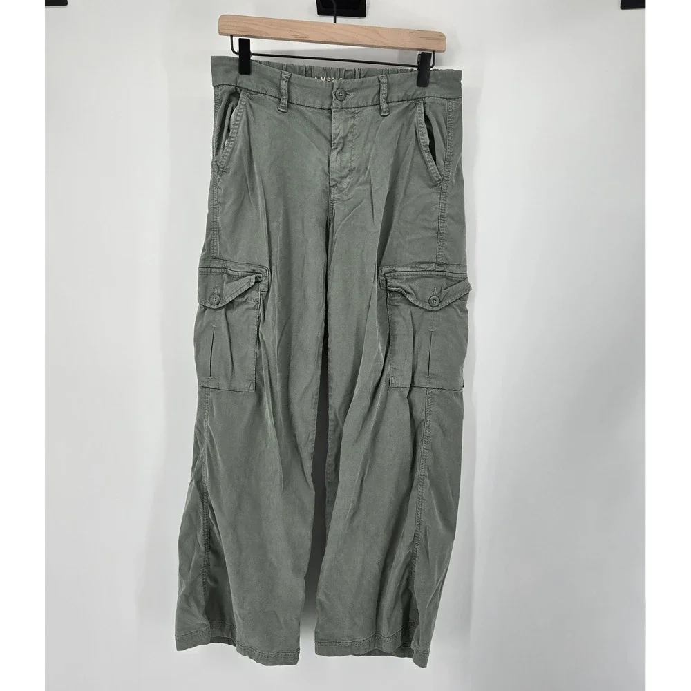American Eagle Wide Leg Cargo Pants Green Lyocell Stretch Utility Women's Size 4